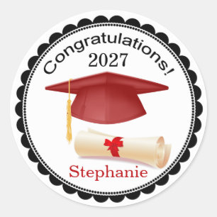 Red Mortar, diploma Your name Graduation Sticker