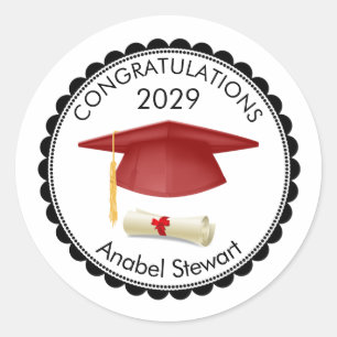 Red Mortar, diploma Your name Graduation Sticker