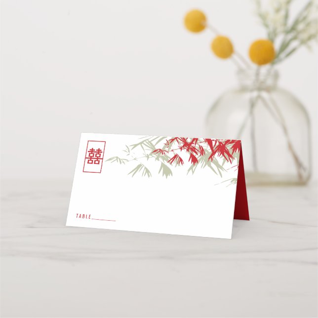 Red & Moss Bamboo Leaves Double Xi Chinese Wedding Place Card (Front)