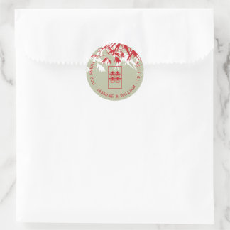 Red & Moss Bamboo Leaves Shuang Xi Chinese Wedding Classic Round Sticker