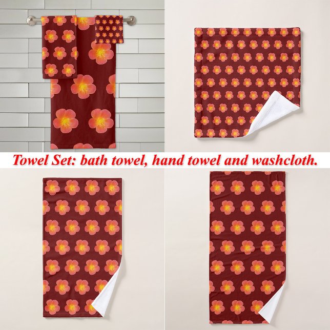 Red Moss Rose Flower Seamless Pattern on Bath Towel Set (Red Moss Rose flower seamless pattern on bath towel set: wash cloth, hand towel and bath towel)