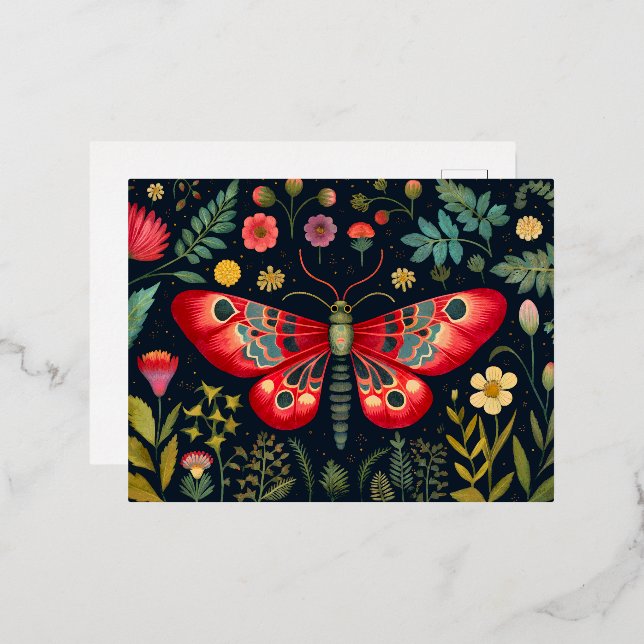 Red Moth In The Night Garden Foil Holiday Postcard (Front/Back)