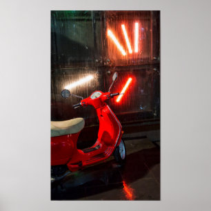 Red Motor Bike Wet in the Rain Poster