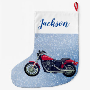 Red Motorcycle and Snow Large Christmas Stocking