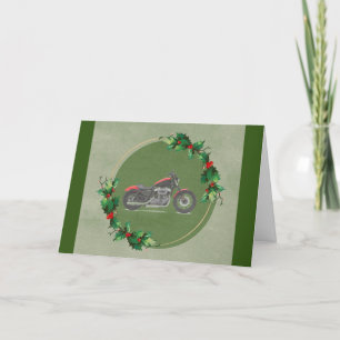 Red Motorcycle in Green Wreath Christmas Card