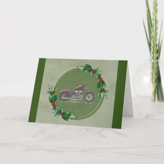 Red Motorcycle in Green Wreath Christmas Card (Front)