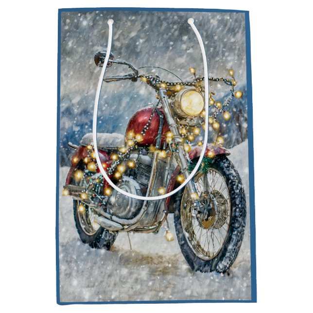 Red Motorcycle with Christmas Lights Medium Gift Bag (Front)
