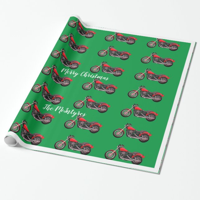 Red Motorcycles on Green Christmas Wrapping Paper (Unrolled)