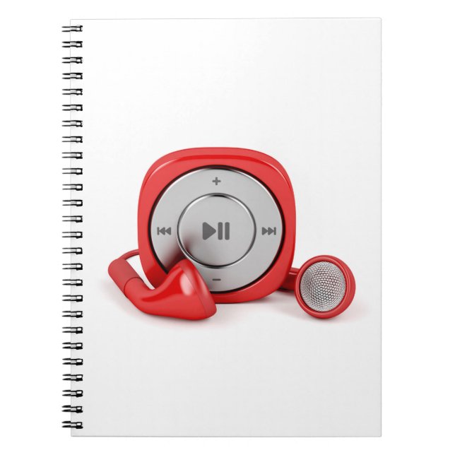 Red mp3 player and wired earphones notebook (Front)
