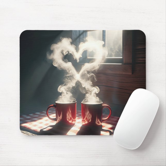 Red Mugs With Heart-shaped Steam Mouse Mat (With Mouse)