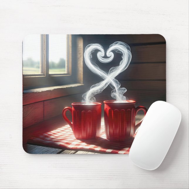 Red Mugs With Steamy Heart Connection Mouse Mat (With Mouse)