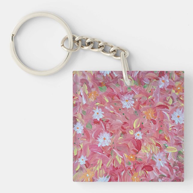Red Mulberry Floral Acrylic Square Key Chain (Front)