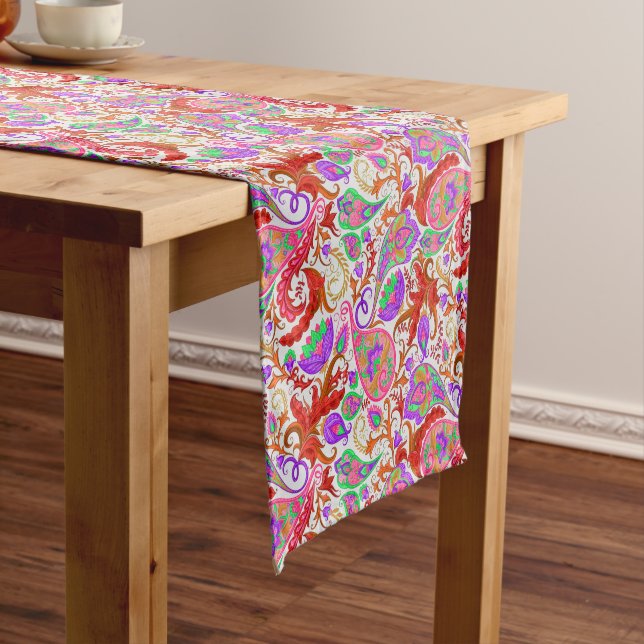 Red Multi-Colour Floral Paisley Short Table Runner (In Situ)