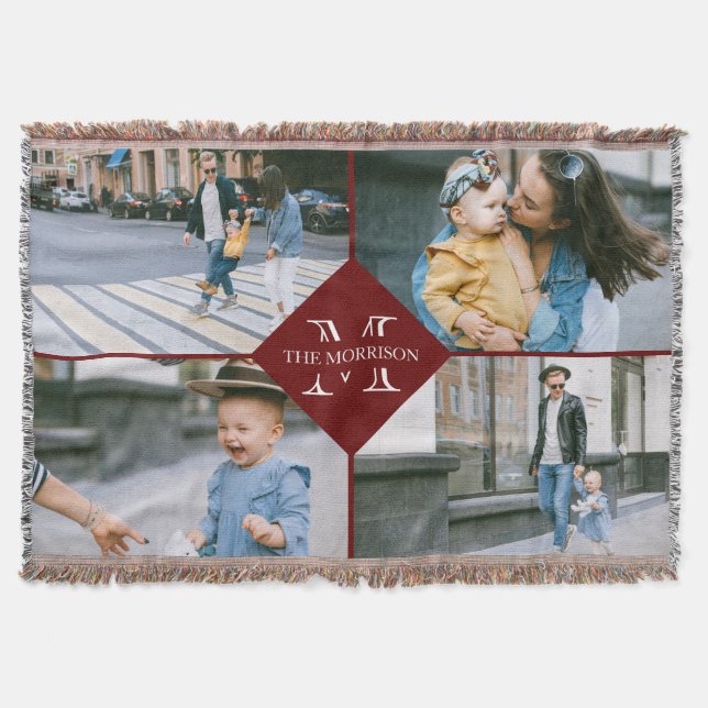Red Multiple Photos Custom Monogram Family Name Throw Blanket (Front)