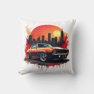 Red Muscle Car with Urban Skyline Accent Cushion