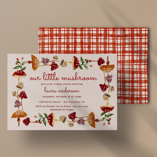 Red Mushroom Baby Shower Gender Reveal Invitation (our little mushroom woodland baby shower with red toile de vichy pattern at the back)