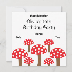Red Mushroom Cute Botanical Pattern Birthday Party Invitation