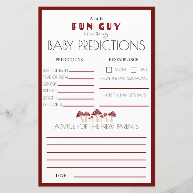 Red Mushroom Fun Guy Baby Shower Prediction Game (Front)