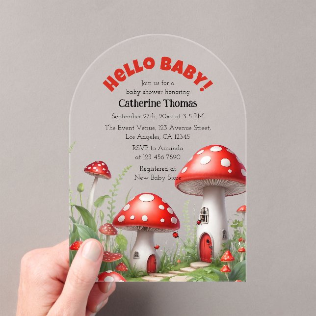 Red Mushroom Fungi Woodland Baby Shower Acrylic Invitations (Insitu (Handheld))