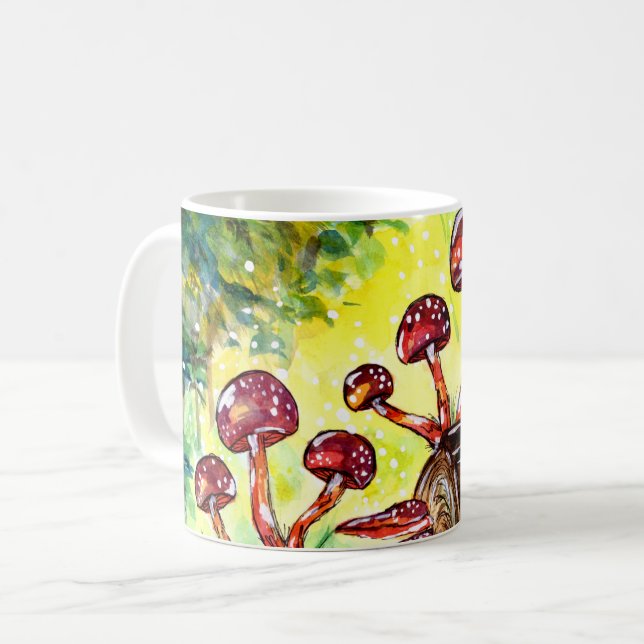 Red Mushrooms in the Forest Watercolor Coffee Mug (Front Left)