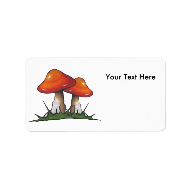 Red Mushrooms, Original Art, Toadstools, Fantasy Label (Front)