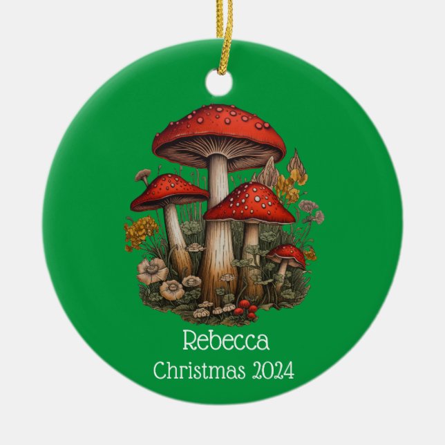 Red Mushrooms Personalised Christmas Ornament (Front)