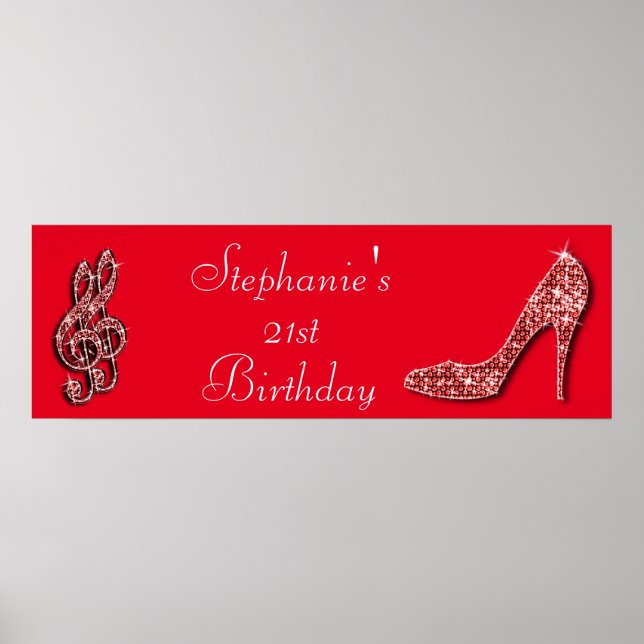Red Music Note and Stiletto 21st Birthday Poster (Front)