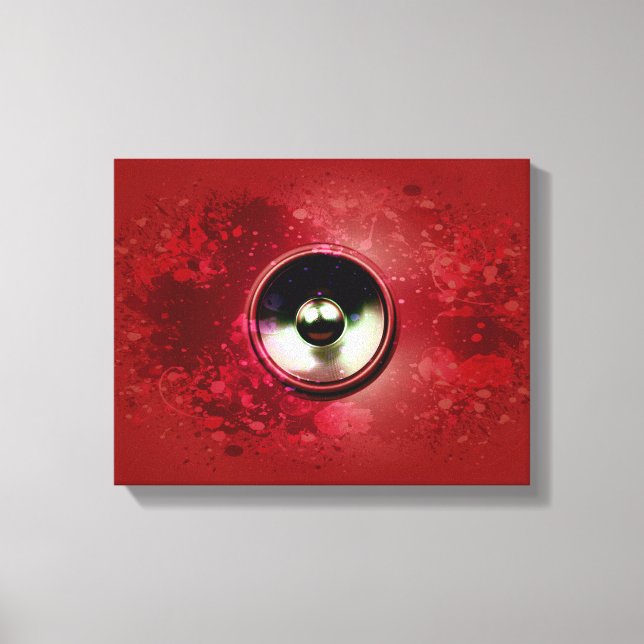 Red music speaker and splattered paint canvas print (Front)