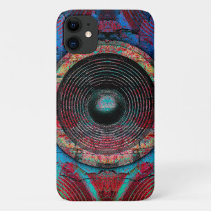 Red music speakers on a cracked wall iPhone 11 case