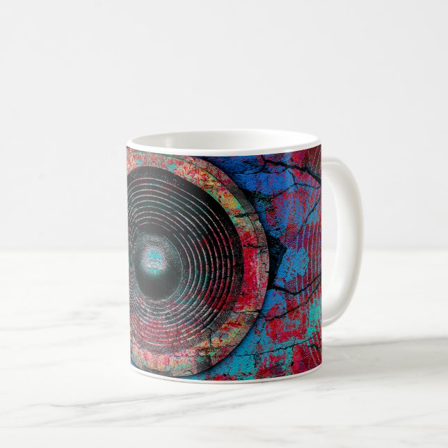 Red music speakers on a cracked wall coffee mug (Front Right)