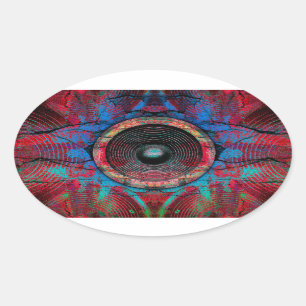 Red music speakers on a cracked wall oval sticker