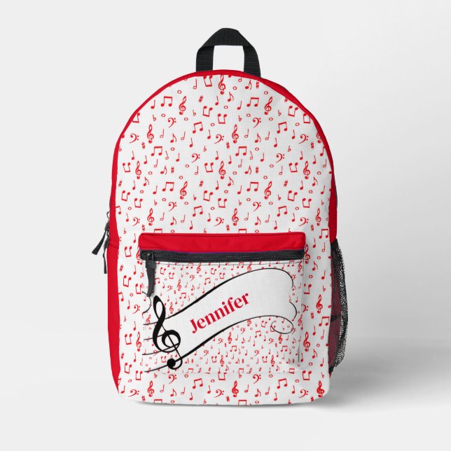 Red music theme personalised printed backpack (Front)