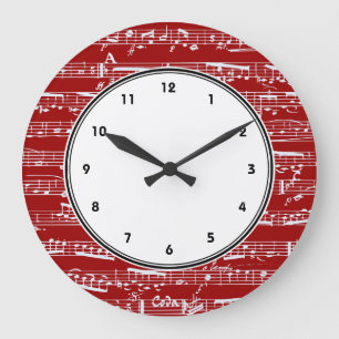 Red musical notes wall clock with numbers