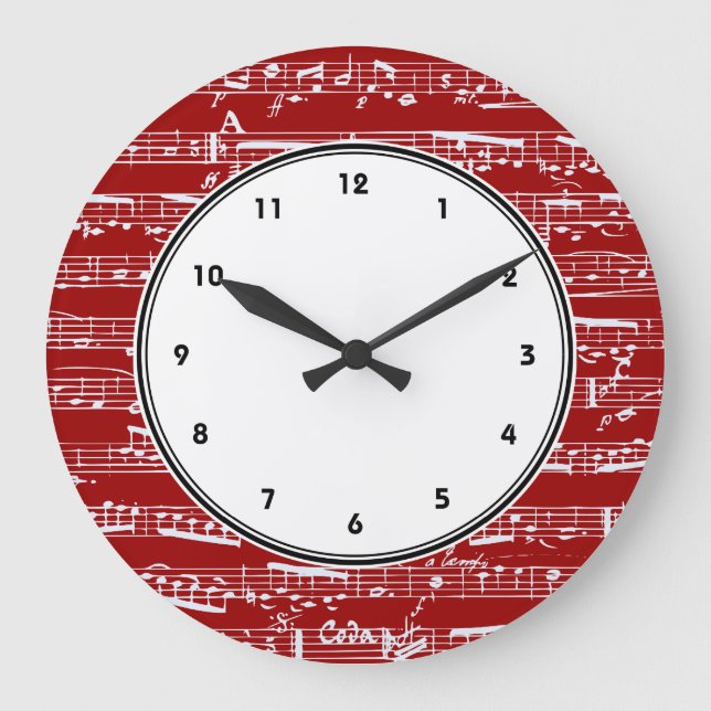 Red musical notes wall clock with numbers (Front)