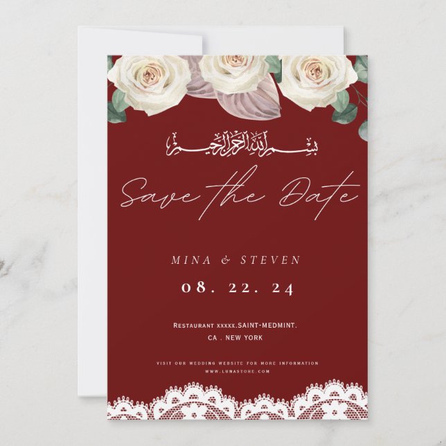 Red Muslim invitation flower lace save the date (Front)
