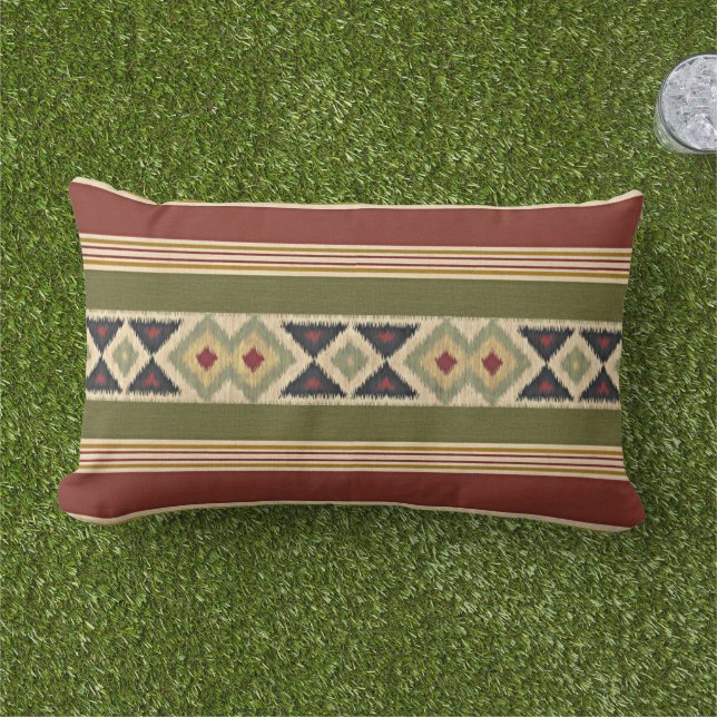 Red Mustard Yellow Olive Green Ikat Stripes Art Lumbar Cushion (Grass)