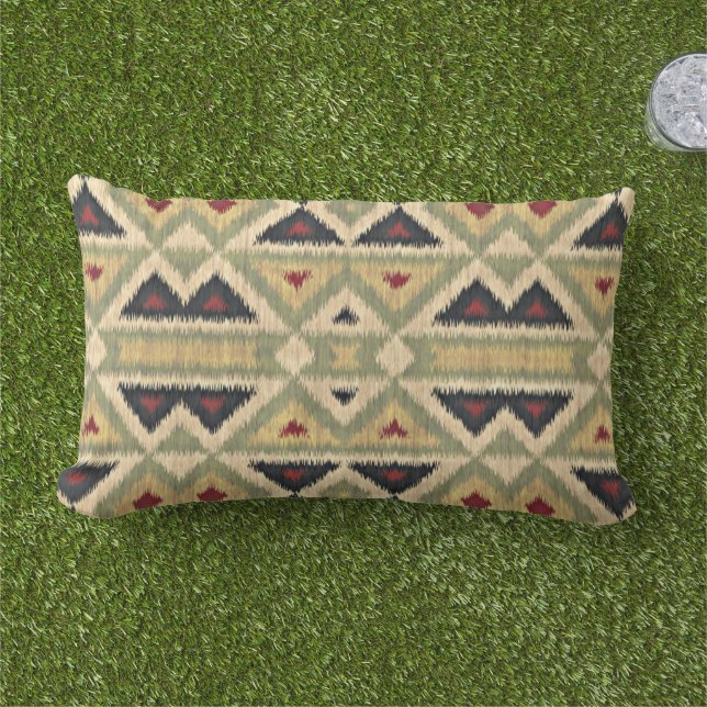 Red Mustard Yellow Olive Green Ikat Tribal Art Lumbar Cushion (Grass)