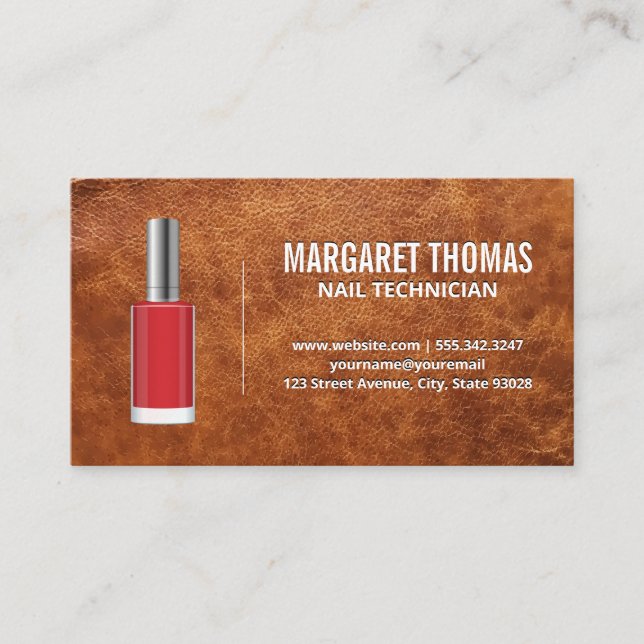 Red Nail Polish | Brown Leather Texture Background Business Card (Front)