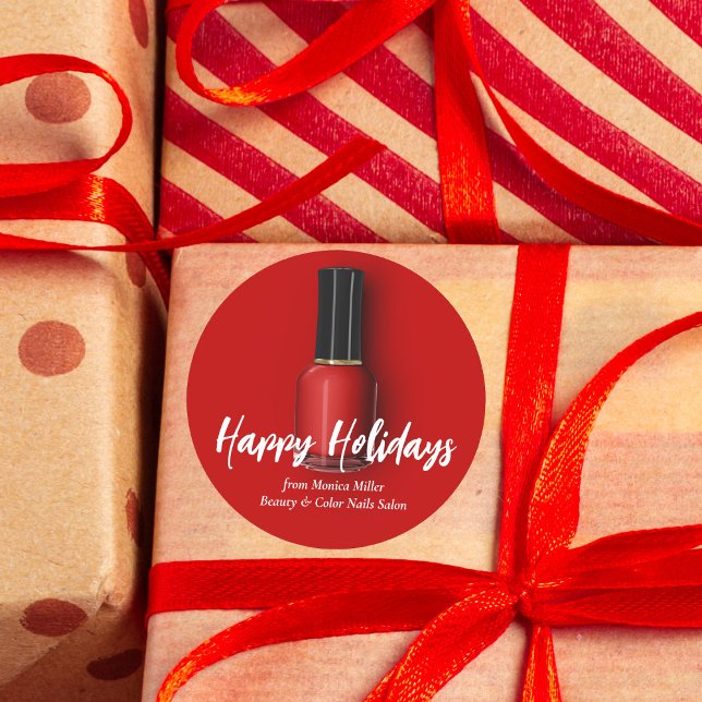 Red Nail Polish Happy Holidays Custom Beauty Salon Classic Round Sticker (Creator Uploaded)
