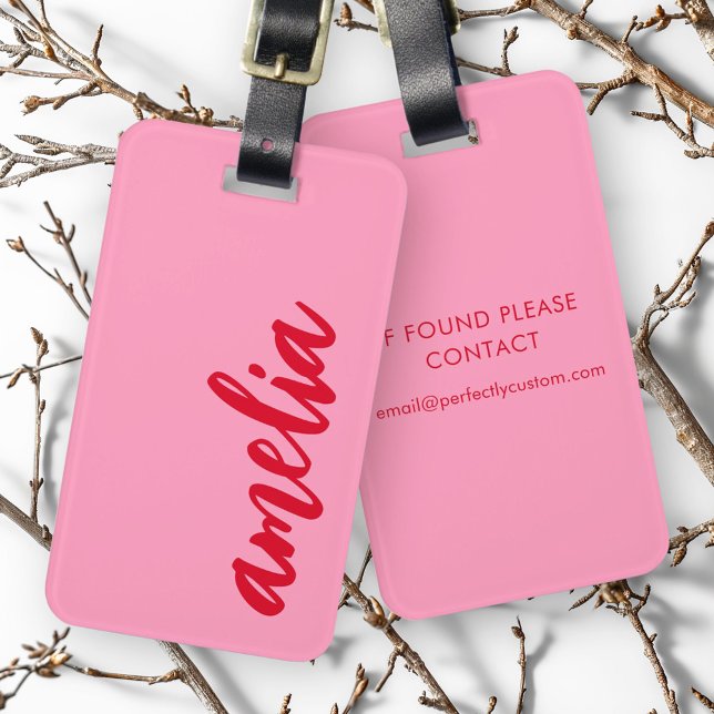 Red name bold script colourful pink luggage tag (Red name bold colorful pink luggage tag)