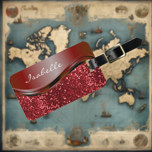 Red Name Faux Glitter Bling Personalised  Luggage Tag