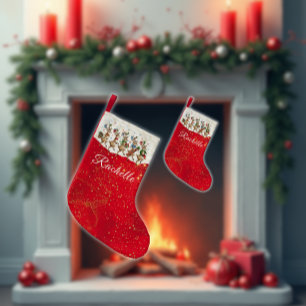 Red Name Marching Quirky Christmas Reindeer  Small Christmas Stocking