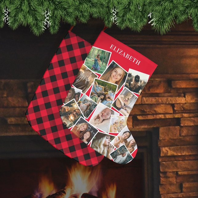 Red Name Photo Collage Large Christmas Stocking (Creator Uploaded)