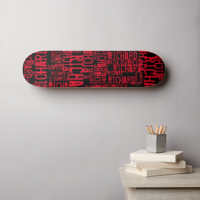 Red Name repeated all over black Skateboard (Wall Art (Horz))