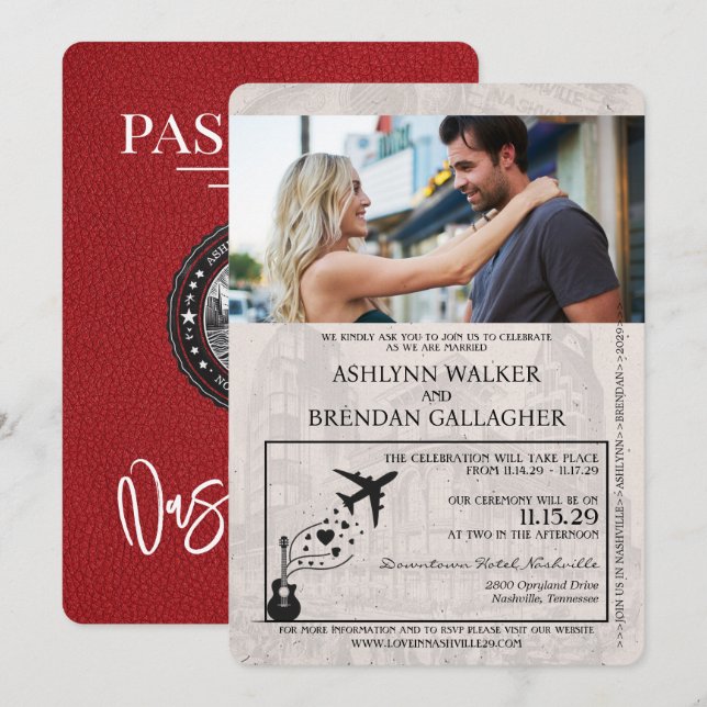 Red Nashville Passport Wedding Invitation (Front/Back)