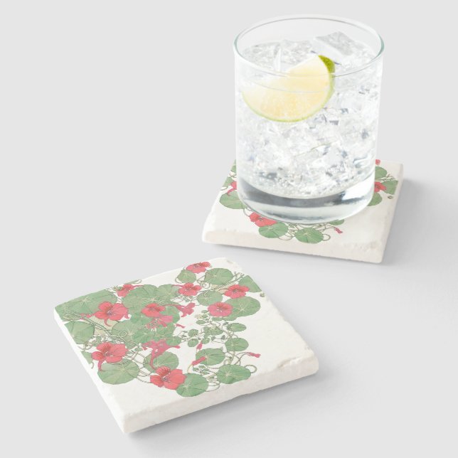 Red Nasturtiums | Antique Lithograph 1896 Stone Coaster (Side)