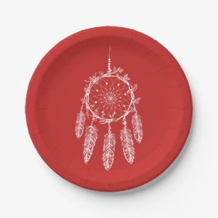 Red  Native American Dream Catcher Wedding Party Paper Plate