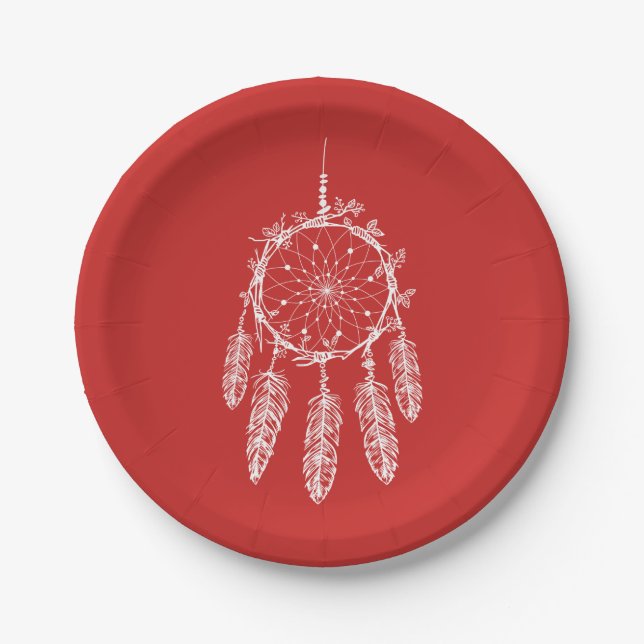 Red  Native American Dream Catcher Wedding Party Paper Plate (Front)