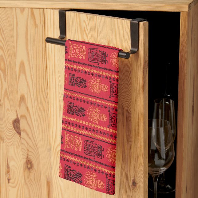 Red Native Pattern Ethnic Tribe Boho Culture Tea Towel (Thirds Fold)