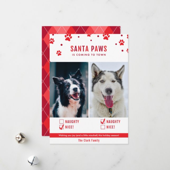 Red Naughty or Nice Two Dog Christmas Photo Card (Front/Back In Situ)